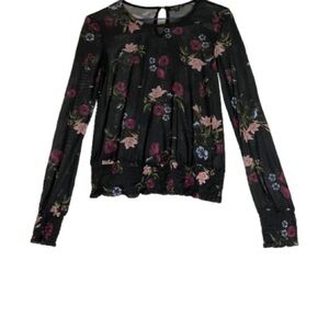 Dynamite Sheer Black Floral long Sleeve whimsy Vintage Look Women’s blouse Sz XS